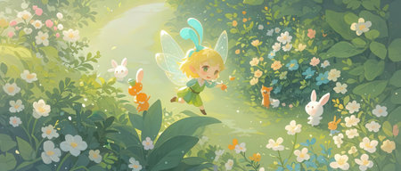 Illustration of a little fairy in the garden with flowers and butterfliesの素材