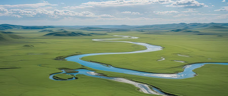 Aerial view of a small river in the steps of Mongoliaの素材