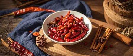 Dried red hot chili peppers with cinnamon and anise on wooden backgroundの素材
