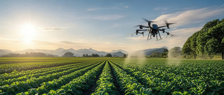 Drone quadcopter with digital camera flying over soybean fieldの素材