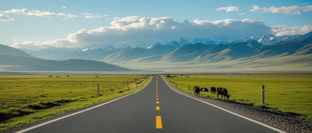 Road in the grasslands of New Zealand. Panoramic view.の素材