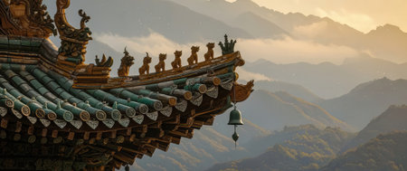 Beautiful view of the roof of a Buddhist temple in the mountainsの素材