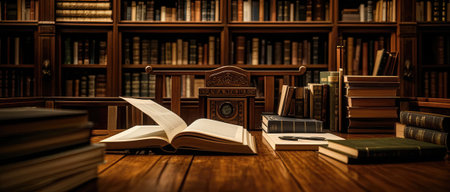Law theme image with vintage books on a wooden table. 3d rendering.の素材