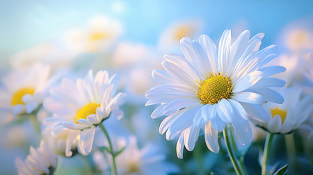 White daisies on blue sky background. Nature floral background.の素材
