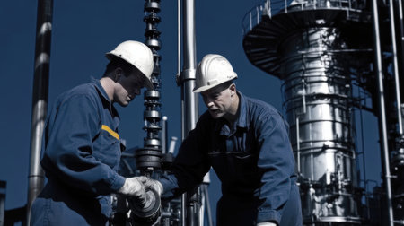 Two oil and gas workers at work in a refinery. Two oil workers are working on a petrochemical plant.の素材