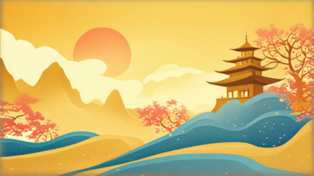 Chinese landscape with pagoda and mountains, vector illustration, eps10の素材