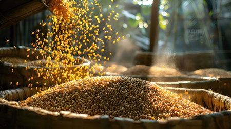 Seed drying process in the sun. Selective focus and shallow depth of field.の素材
