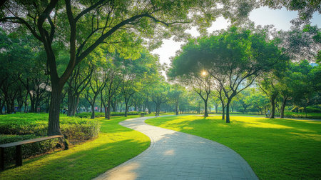 walkway in the park with green grass and tree background, perspective viewの素材