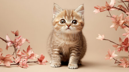 Cute little kitten with flowers on pastel beige background.の素材