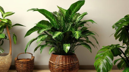 Houseplants in wicker pots on wooden table near light wallの素材