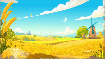 Cartoon summer landscape with windmill and wheat field. Vector illustrationの素材