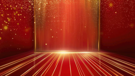 Red stage background with golden lights and spotlights. Vector illustration.の素材