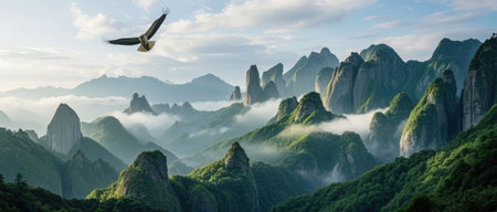 Panoramic view of the mountains in the morning mist and flying eagleの素材