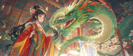 Chinese dragon style painting in chinese temple,3d illustration.の素材