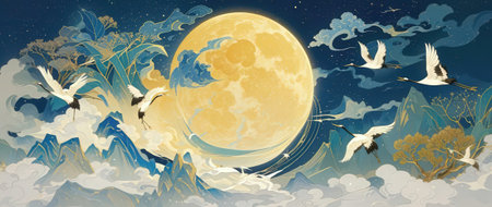 Illustration of a full moon and a flock of cranes.の素材