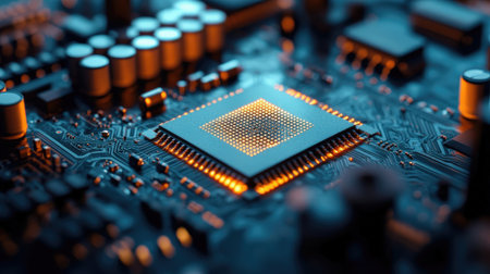 Close-up of electronic circuit board. Technology background. 3D renderingの素材