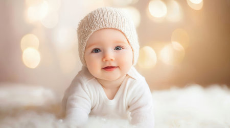 Cute little baby girl in knitted hat on bokeh backgroundの素材
