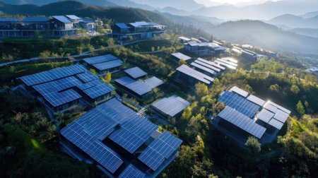 Solar panels in a beautiful landscape, aerial view of a solar power plantの素材