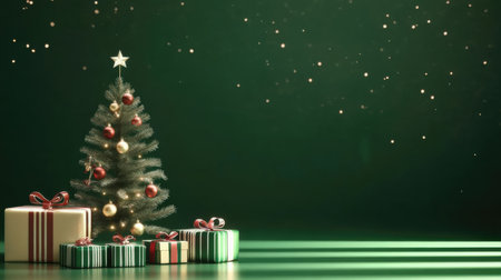 Christmas tree with gifts on green background. 3D rendering. Vintage style.の素材
