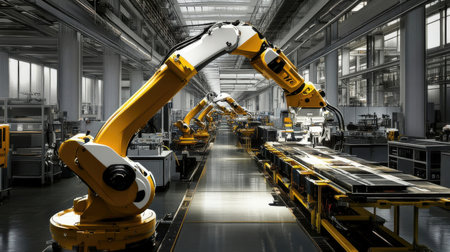 3d rendering robotic arms in factory production line ready for assembly lineの素材