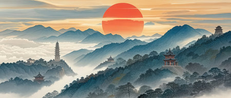 Landscape of mountains with pagoda and pagoda at sunrise.の素材