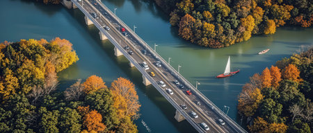 Aerial view of bridge over the river in the autumn season.の素材