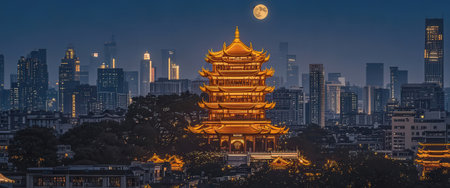 Pagoda and cityscape at night in Hangzhou, Chinaの素材