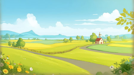 Summer landscape with fields and village. Vector illustration for your design.の素材