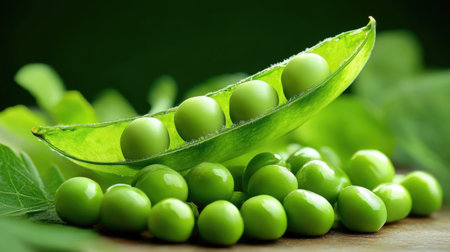 Green peas with leaves on a wooden table. Shallow dof.の素材