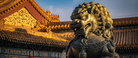 Bronze lion statue in Forbidden City, Beijing, China. This is a popular tourist attraction.の素材