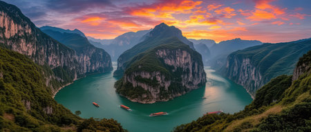 Panoramic view of the lake and mountains at sunset, Chinaの素材