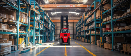Forklift in warehouse. Logistics and wholesale business concept.の素材