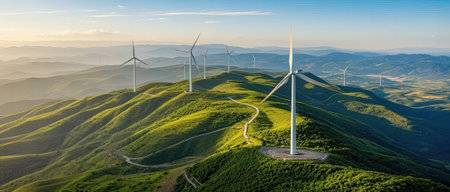 Aerial view of wind turbines on green hills. Windmill farm in the mountains.の素材