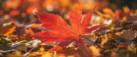 Red maple leaf on the ground in the autumn forest. Autumn backgroundの素材