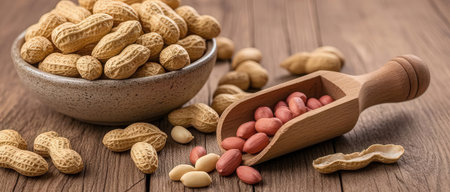 Peanuts in shell and in a wooden scoop on a wooden backgroundの素材