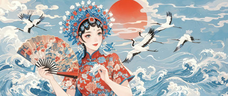 Chinese woman in traditional dress with a fan and flying storks.の素材