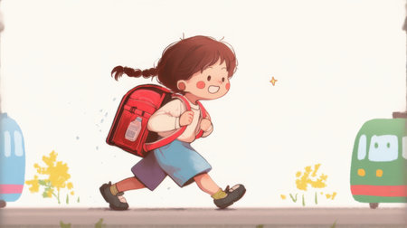 Illustration of a girl running in the street with a red backpackの素材