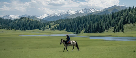 Horse riding on a meadow in the mountains of Kyrgyzstanの素材