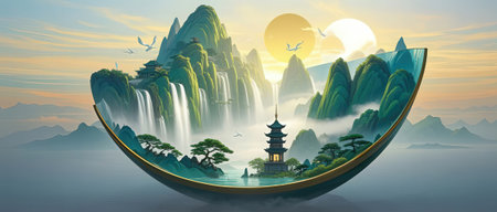 Fantasy landscape with pagoda in the middle of the sea.の素材