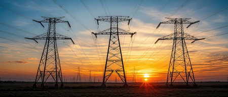 High voltage power lines at sunset. High-voltage tower sky background.の素材