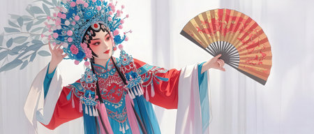 Beautiful asian woman with fan in traditional costume. 3d renderingの素材