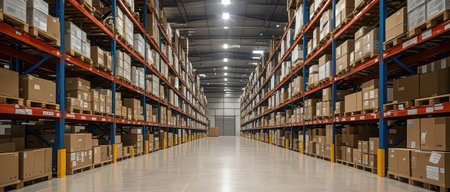 Warehouse interior with rows of shelves and rows of boxes, 3d renderingの素材