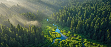 Aerial view of beautiful river in green coniferous forest.の素材