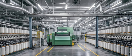 Modern spinning production line in a factory. Industrial background. 3d renderingの素材