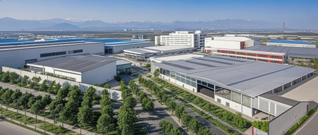 Aerial view of a large industrial building with large windows and roofの素材