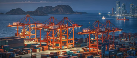 Panoramic view of the Port of Hong Kong at night.の素材