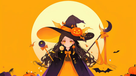 Halloween illustration. Cute little girl in witch costume on orange background.の素材