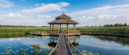 Panorama view of a gazebo on a lake.の素材