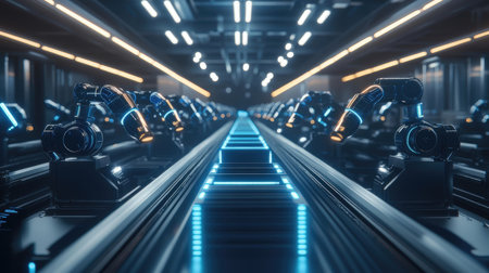 Futuristic industrial robot corridor with glowing neon lights 3D renderingの素材