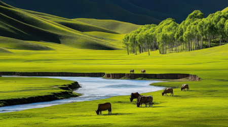 Cows grazing on the grassland in the early morning, Chinaの素材